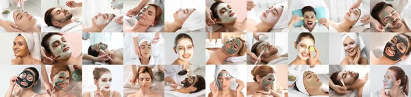 Kolaż Zdjęciami Osób Maskami Oczyszczającymi Nawilżającymi Twarzach Projekt Banera — Zdjęcie stockowe