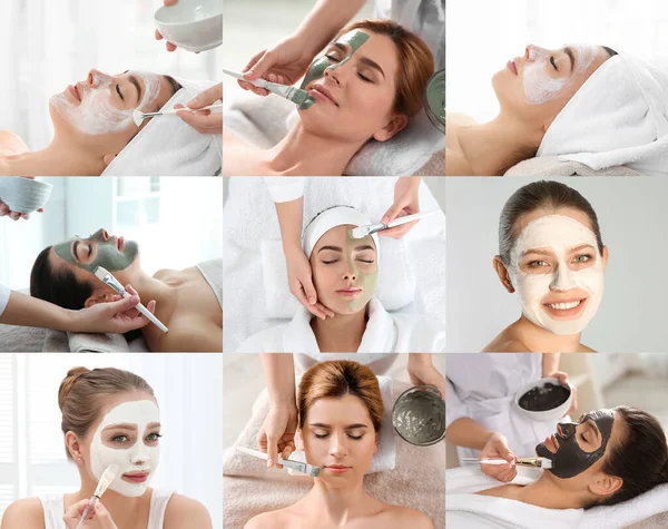 Collage Photos Women Cleansing Moisturizing Masks Faces — Stock fotografie