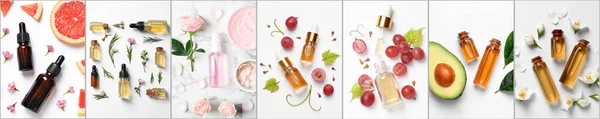Collage Beautiful Photos Different Natural Essential Oils Top View Banner — 스톡 사진