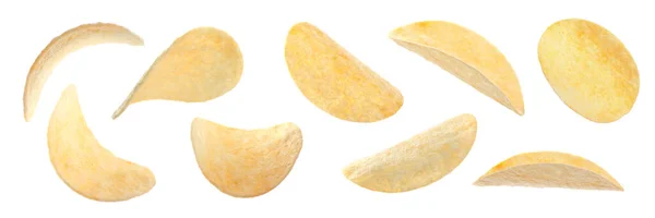 Set Fried Crispy Potato Chips White Background Banner Design — Stockfoto