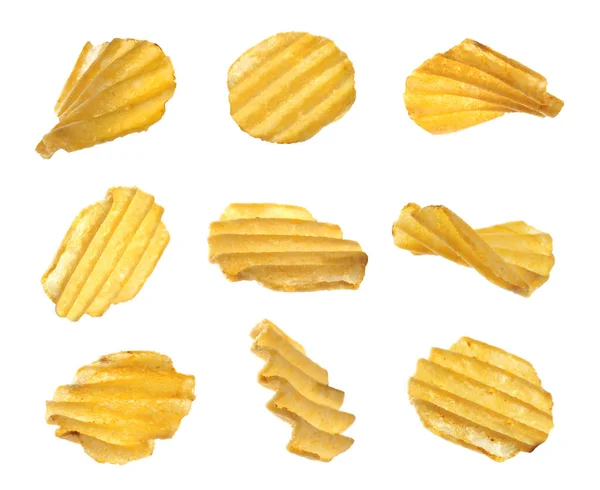 Set Ridged Crispy Potato Chips White Background — Fotografia de Stock