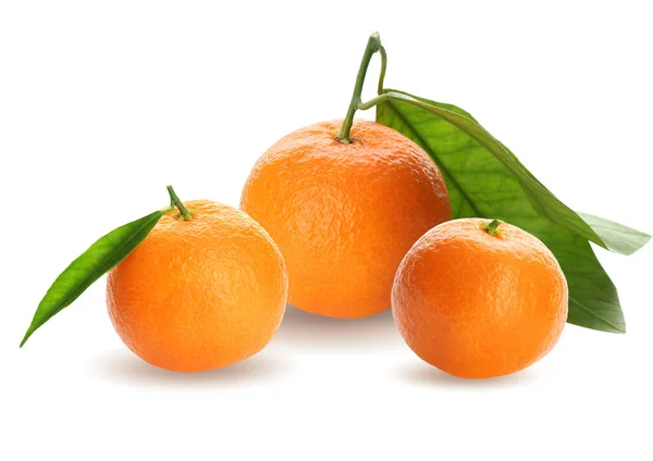 Tasty Ripe Tangerines Green Leaves White Background — 스톡 사진