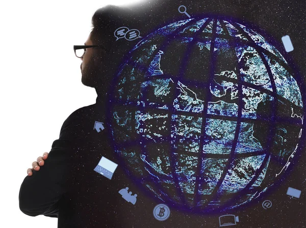 Global Internet Connection Young Businessman Virtual Model Globe Different Icons — Stockfoto