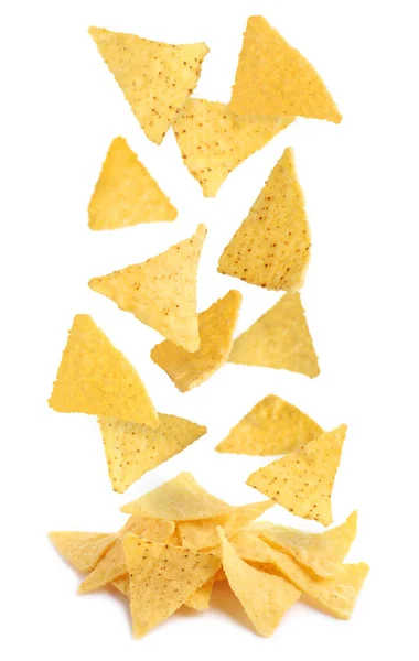 Tasty Tortilla Chips Nachos Falling Pile White Background —  Fotos de Stock