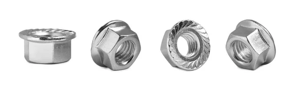 Set Metal Flange Nuts White Background Banner Design — Stock Photo, Image