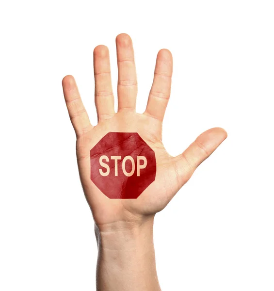 Woman Showing Palm Drawn Stop Sign White Background Closeup — Stockfoto