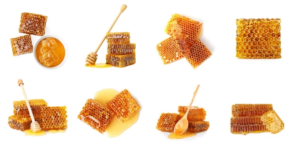 Set Fresh Delicious Honeycombs White Background — ストック写真