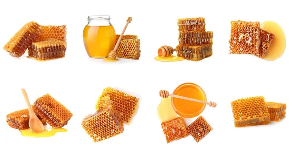 Set Fresh Delicious Honeycombs White Background Banner Design — Foto de Stock