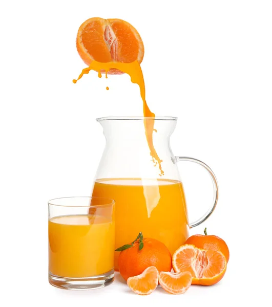 Tasty Tangerine Juice Fresh Ripe Fruits White Background — Stockfoto