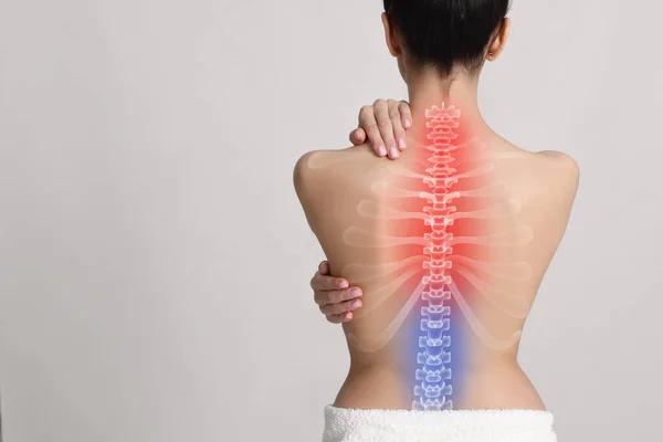 Woman Suffering Pain Neck Light Background Space Text — Stockfoto