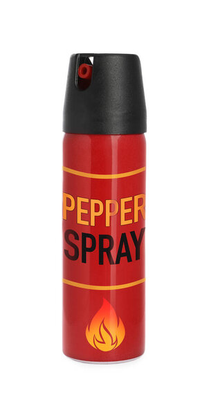 Bottle of gas pepper spray on white background