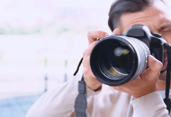 Professional Photographer Camera Blurred Background Space Text — Φωτογραφία Αρχείου