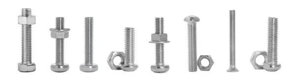 Set Metal Bolts Nuts White Background Banner Design — Stock Photo, Image