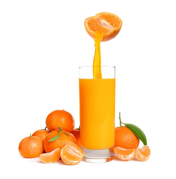 Tasty Tangerine Juice Fresh Ripe Fruits White Background — Stockfoto
