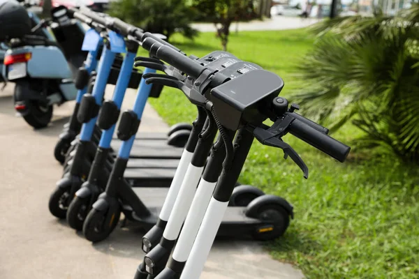 Modern Electric Scooters Outdoors Closeup Rental Service — Foto Stock