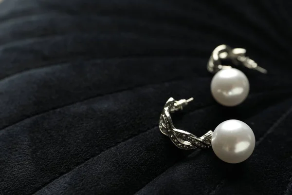 Elegant Silver Earrings Pearls Black Fabric Closeup Space Text — 图库照片