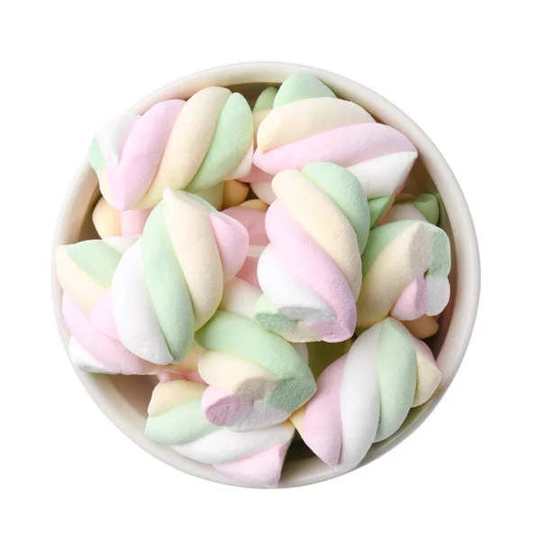 Delicious Colorful Marshmallows Bowl Isolated White Top View — Photo