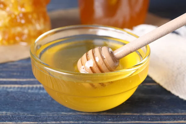 Tasty Fresh Honey Blue Wooden Table — Stock Photo, Image