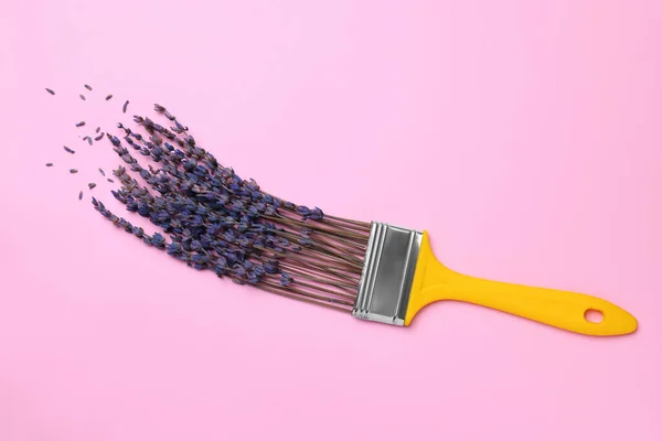 Creative Flat Lay Composition Paint Brush Lavender Flowers Pink Background — Stock Photo, Image