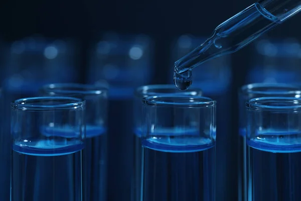 Dripping Reagent Test Tube Blue Liquid Dark Background Closeup Laboratory — 스톡 사진