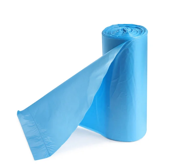 Roll Turquoise Garbage Bags White Background Cleaning Supplies — Photo