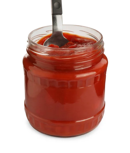 Glass Jar Delicious Canned Lecho Spoon Isolated White — Fotografia de Stock