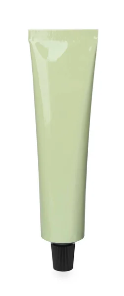 Světle Zelená Tuba Krému Ruce Izolovaná Bílém Mockup Pro Design — Stock fotografie