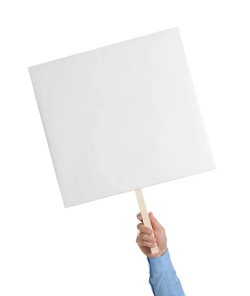 Man Holding Blank Protest Sign White Background Closeup — Stock Photo, Image