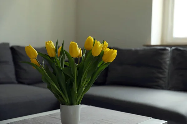 Bouquet Beautiful Yellow Tulips Table Living Room Space Text — Φωτογραφία Αρχείου