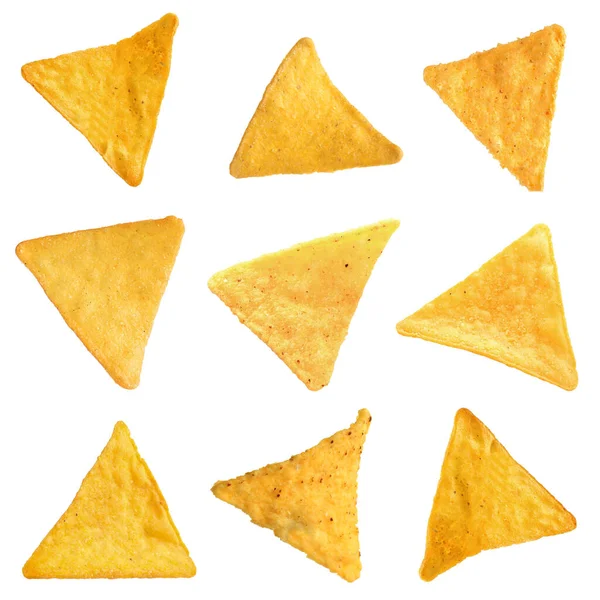 Set Tasty Tortilla Chips Nachos White Background — Stockfoto