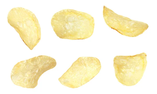 Set Fried Crispy Potato Chips White Background — Stock Photo, Image