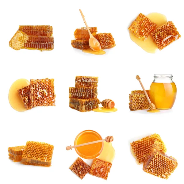 Set Fresh Delicious Honeycombs White Background — Photo