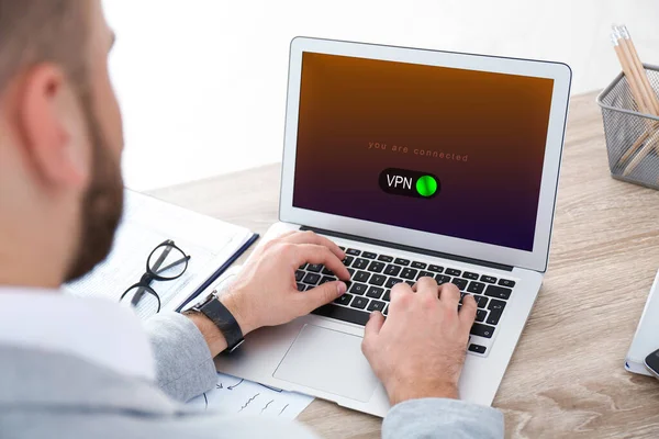 Man Using Laptop Switched Vpn Table Closeup — Stock Photo, Image