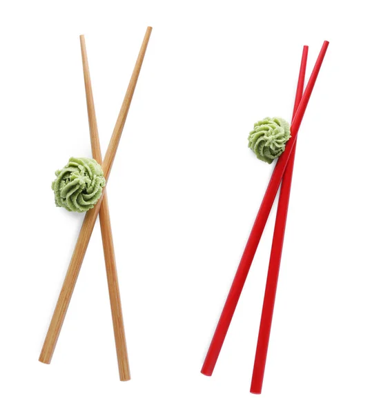 Chopsticks Spicy Wasabi Paste White Background Top View — Stock Fotó