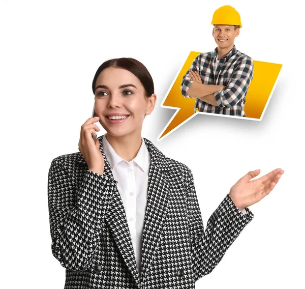 Young Woman Calling Professional Repairman White Background — Φωτογραφία Αρχείου