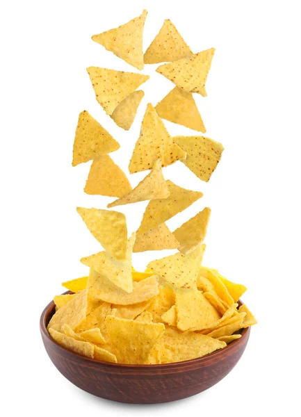 Tasty Tortilla Chips Nachos Falling Bowl White Background — Stock Photo, Image