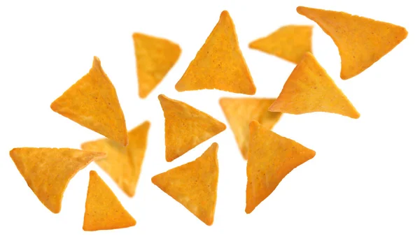 Leckere Tortilla Chips Nachos Fallen Auf Weißem Hintergrund — Stockfoto