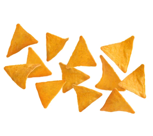 Tasty Tortilla Chips Nachos Falling White Background — Stockfoto