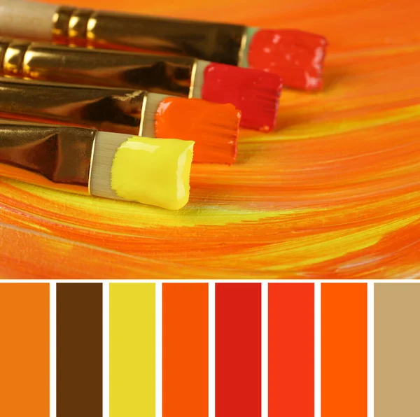 Palette Autumn Colors Different Brushes Bright Paints Closeup — Stock Photo, Image
