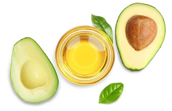 Cooking Oil Ripe Avocados White Background Top View — 图库照片