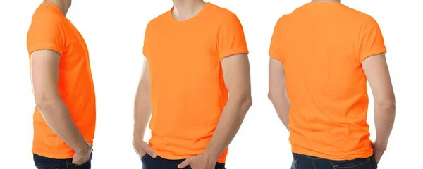 Mann Mit Orangefarbenem Shirt Auf Weißem Hintergrund Banner Design Mockup — Stockfoto