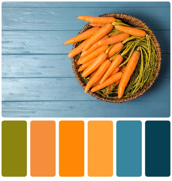 Color matching palette. Ripe carrots in bowl on blue wooden background, top view with space for text