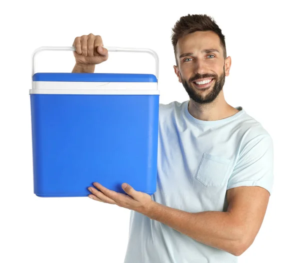 Happy Man Cool Box White Background — Foto Stock