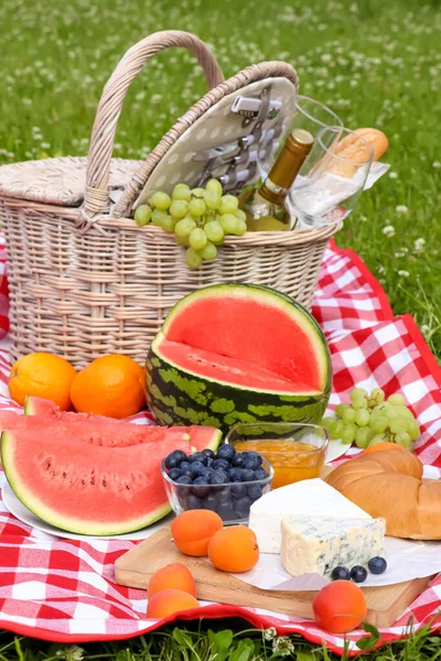 Picnic Blanket Delicious Food Wine Outdoors Summer Day — Stock Photo, Image