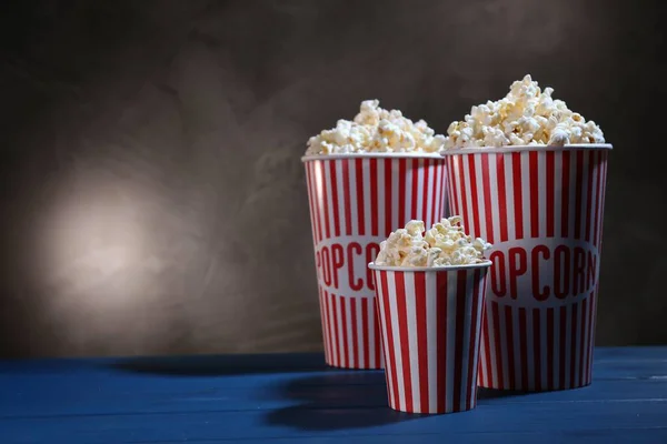 Delicious Popcorn Blue Wooden Table Space Text — Stock Photo, Image