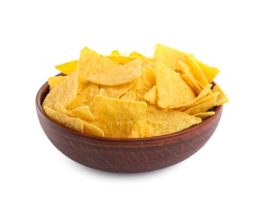 Bowl of tasty tortilla chips (nachos) on white background