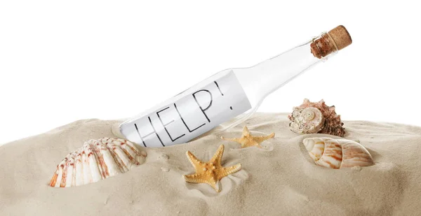 Corked Glass Bottle Help Note Seashells Sand White Background — Stock Photo, Image