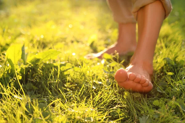 Woman Walking Barefoot Green Grass Outdoors Closeup Space Text — Stock fotografie