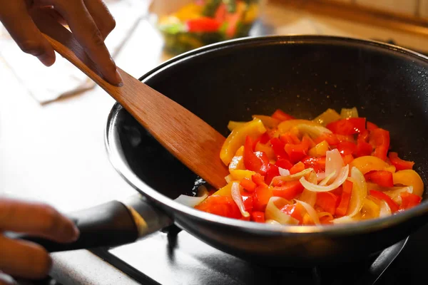 Woman Cooking Vegetables Frying Pan Indoors Closeup — Stockfoto