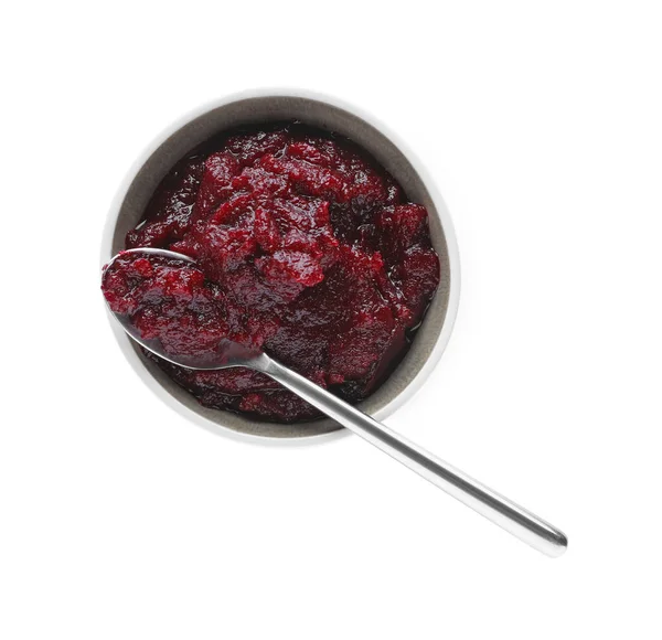 Delicious Beetroot Puree Spoon Bowl Isolated White Top View Healthy — Stock Fotó